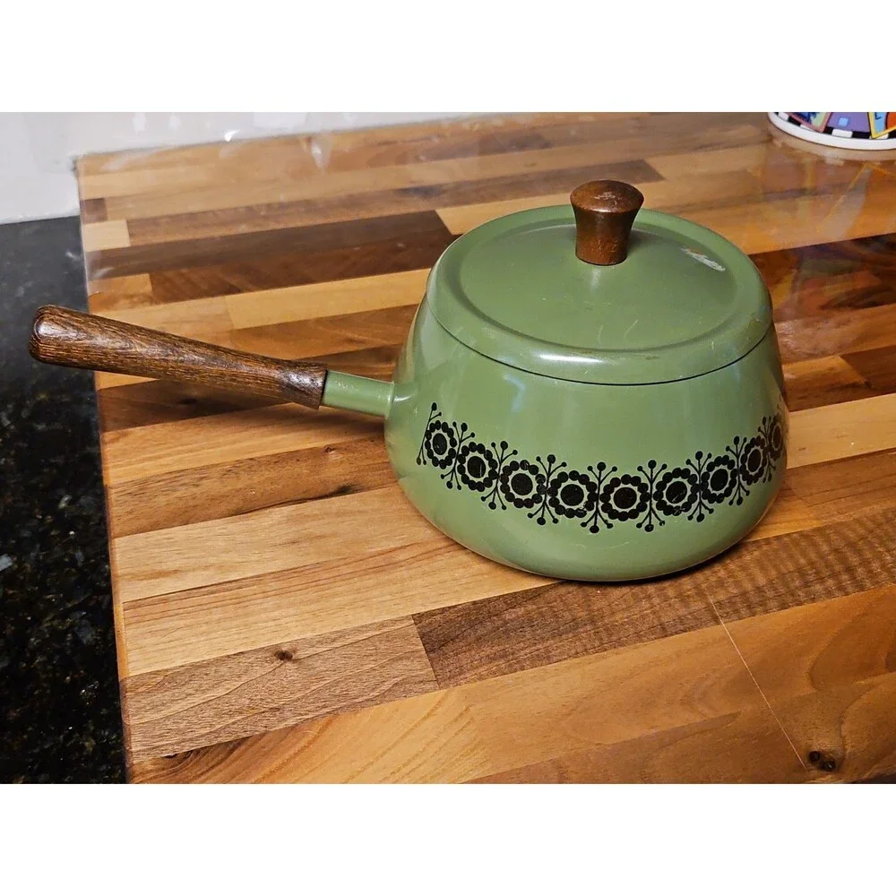 Vintage Green Enamel Fondue Pot Saucepan Floral MCM Boho Wood Handle 1970s